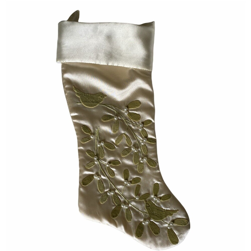 Martha Stewart Everyday Hand Beaded Embroidered Off White Christmas Stocking